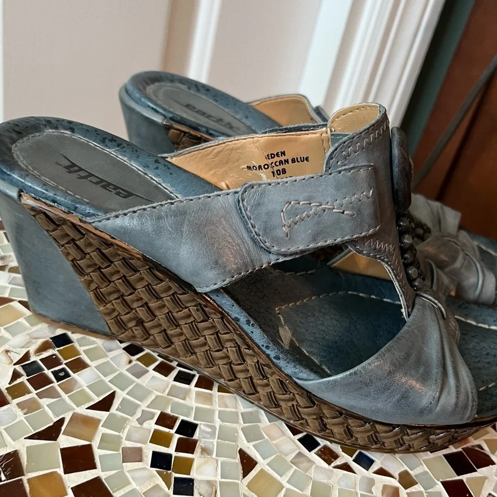 Earth Moraccan Blue Eden Adjustable Beaded Lattice Wedge Sandals Boho EUC 10B